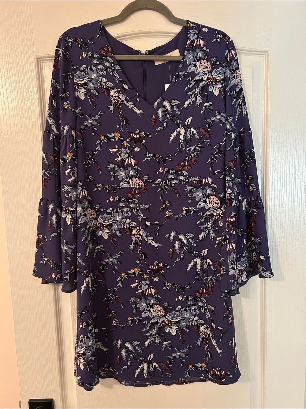 LOFT Purple Floral V-Neck Long Bell Sleeve Dress